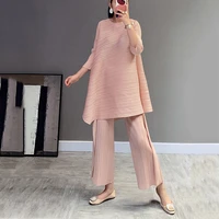 Miyake Pleated Two Piece Set Long Sleeve Round Collar Pink T-Shirt + Wide Leg Pants Casual Style Loose Fall 2022 Winter Fashion 1