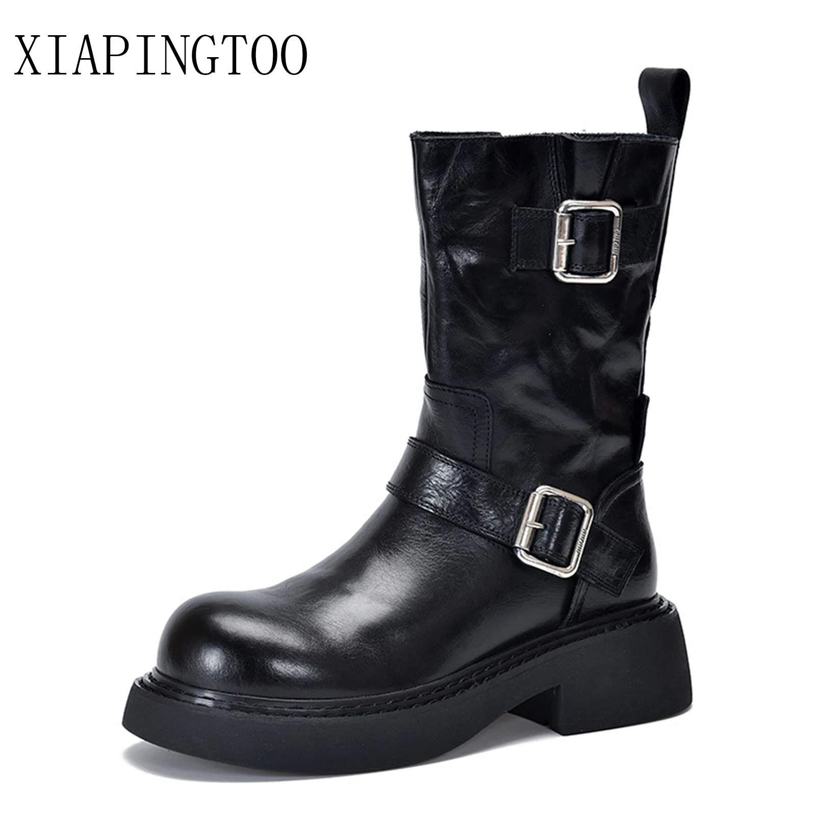 

Shoes Women Boots For Lady Genuine Cow Leather Zipper Mid-Calf Med Heels Handmade Retro Style Solid Color Black Winter Buckle 24