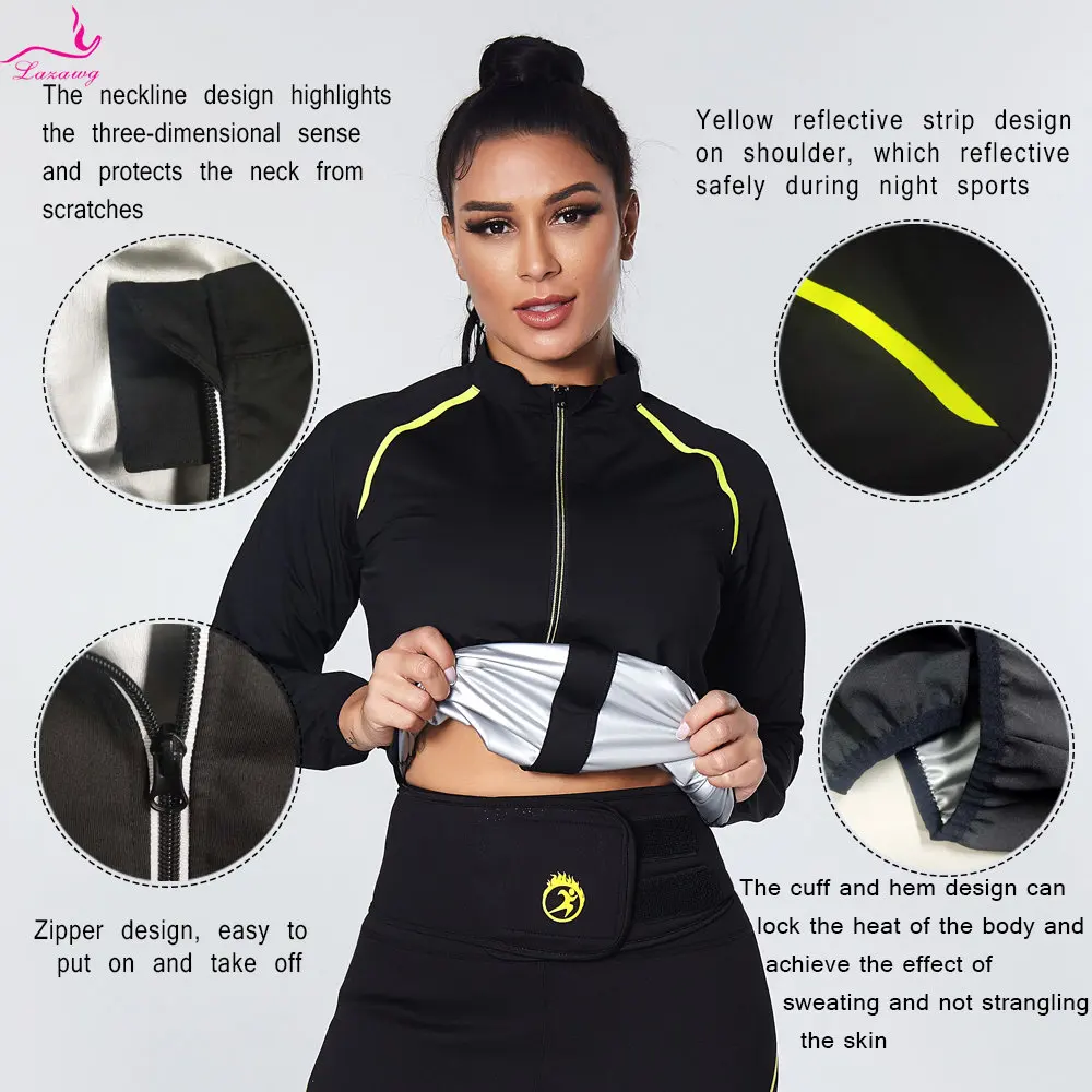 LAZAWG Sauna Jacket for Women Weight Loss Slimming Sweat Long Sleeves Fitness Suit Fat Burner Ladies Body Shaper Gym Workout
