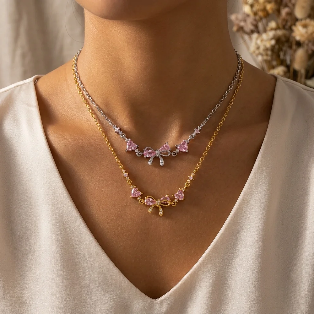 Süße und liebliche Halskette im Ins-Stil, herzförmige Zirkon-Schleifenkette, Valentinstagsgeschenk für Frauen