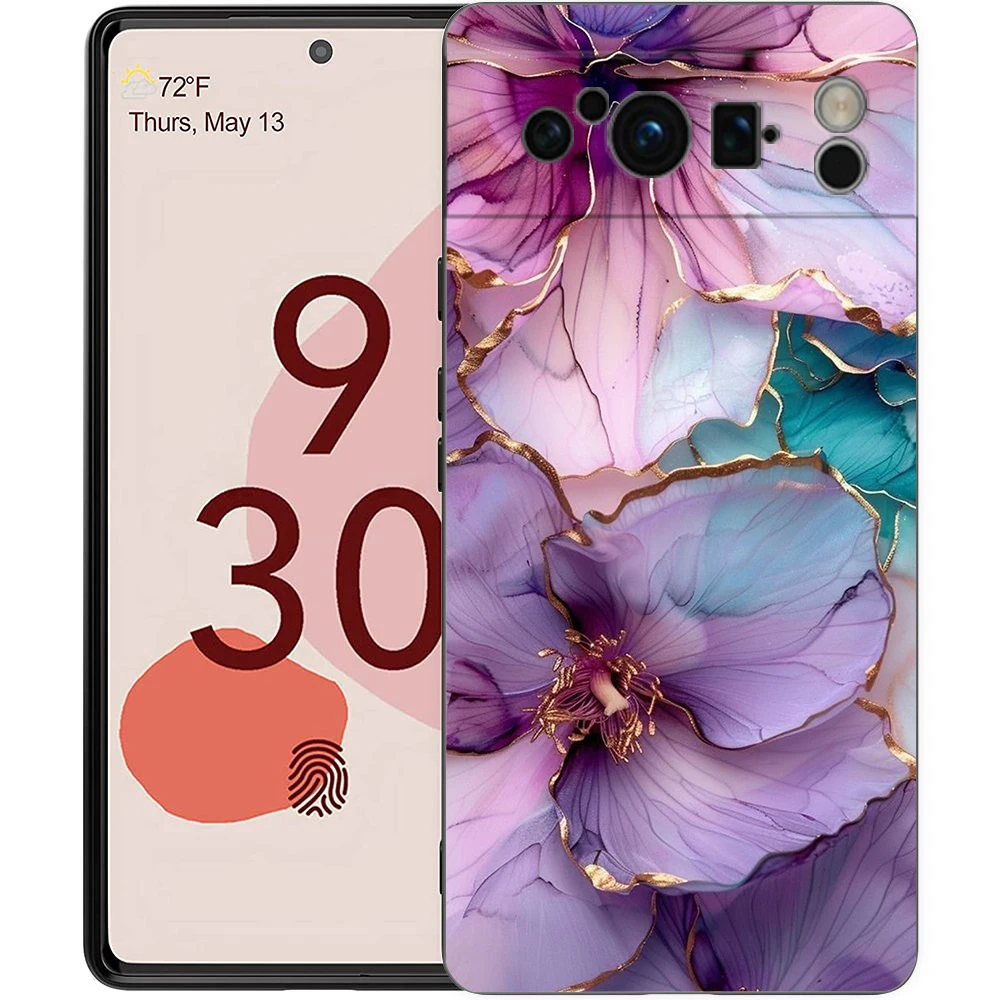 Elegant Flower Marble Design Shockproof Phone Case - Soft TPU Black Cover