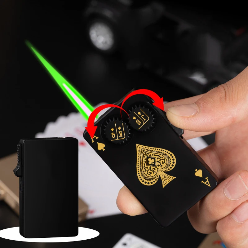 Metal Jet Torch Green Flame Playing Card Lighter Gear Rocker Arm Windproof Lighter Smoking Accessories Funny Toy Gift For Men
