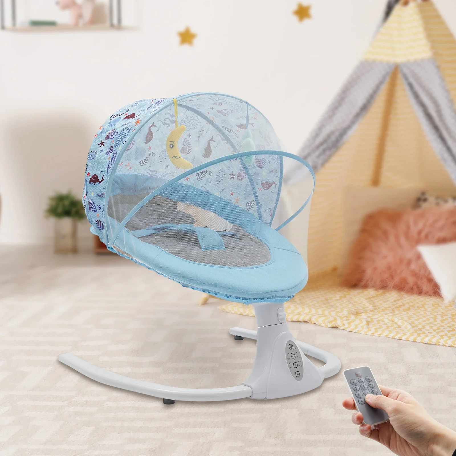 Babywippe mit Bluetooth-Musik, 4 Geschwindigkeiten, Elektrische Babyschaukel mit Fernbedienung, Einstellbare Maximale Tragfähigkeit 18 kg Schaukel – Detail 1