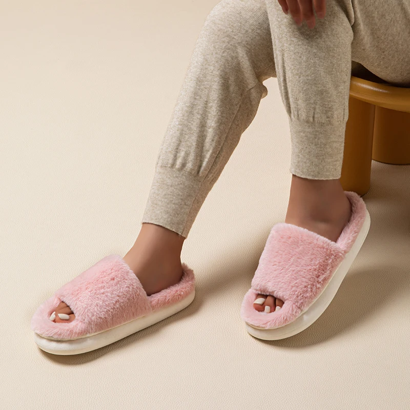 White Thick Bottom Fluffy Slippers Women Winter Soft Faux Fur Cotton Slippers Woman Indoor Anti Slip House Plush Slides Lady