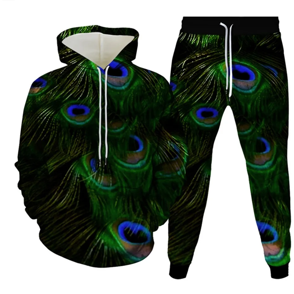 Autumn/Winter Hoodies Set Color Animal Peacock Feather Pattern 3D Print Men Clothing 2 Pieces Sweatpants Oversize High-quality 3