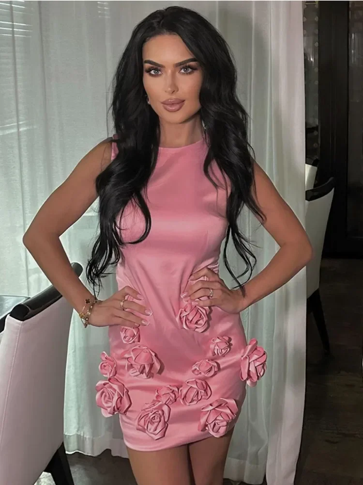 

Women Luxury Sexy O Neck Sleeveless Pink Flower Mini Bodycon Gowns Dress Elegant Evening Party Club Dress