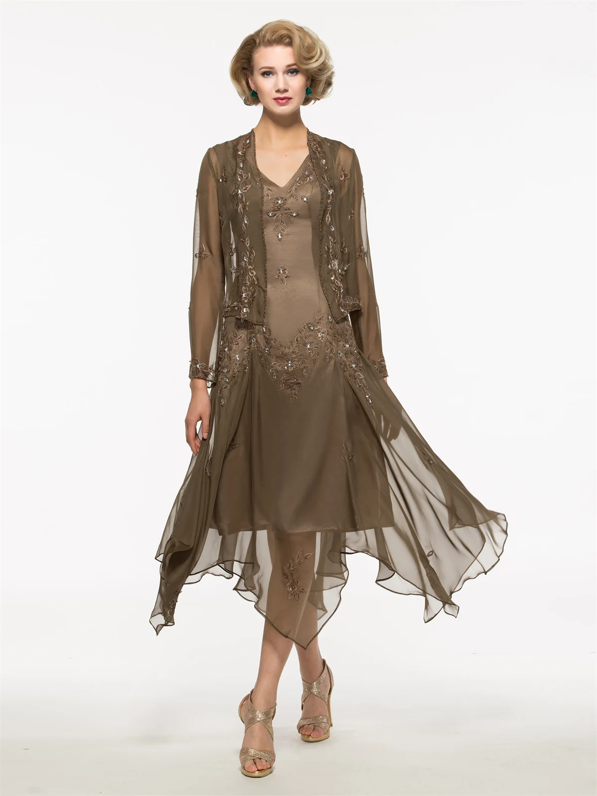 

Sliveles Asimetria Line,Autumn/Winter Elegant see-through tulle Chiffon Two Piece Applique Sequin,Formal/Evening/Wedding Dress