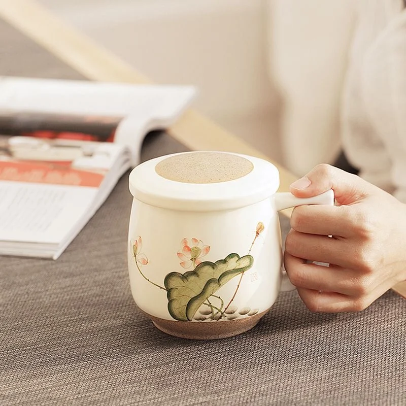 Chinese Style Ceramic Hand drawn lotus pattern Mugs, Home Personal Creative Teacup With Cover Filtered Tea Water Separation, 1Pc