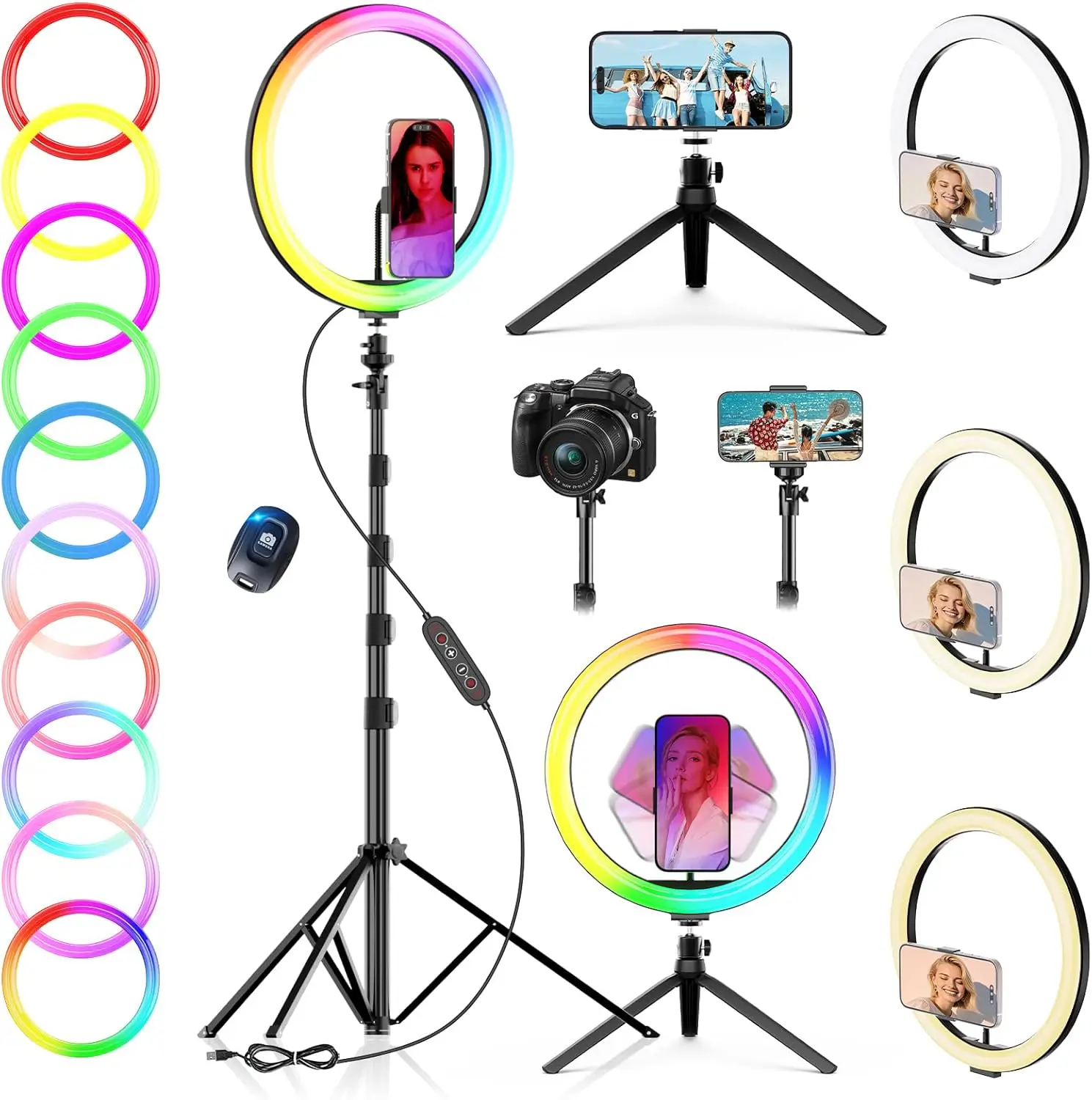 12" Selfie Ring Light with 73" Extendable Tripod Stand: Desk Selfie Lights 38 Color Modes, Upgrade 3 in 1 Dimmable Ad 1