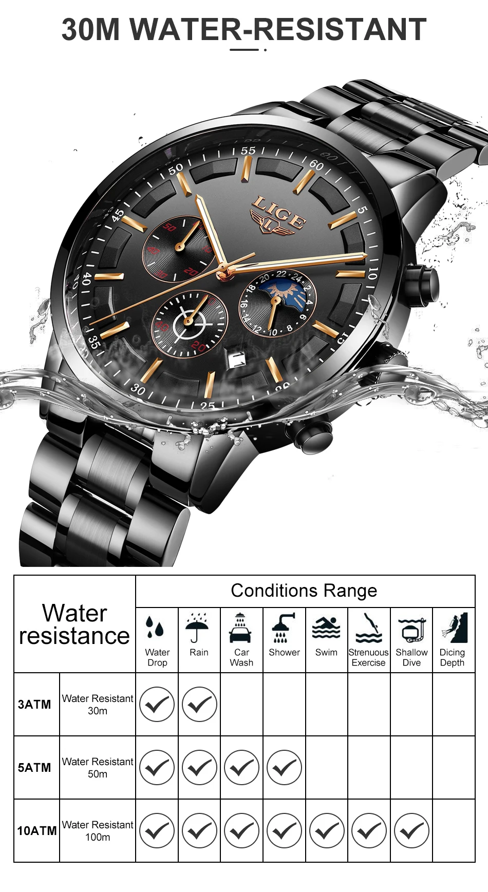 LIGE Men Watches Steel Wristwatch Sport Waterproof Chronograph Analog Quartz Watch Man Business Date Clock Luxury Watch for Men