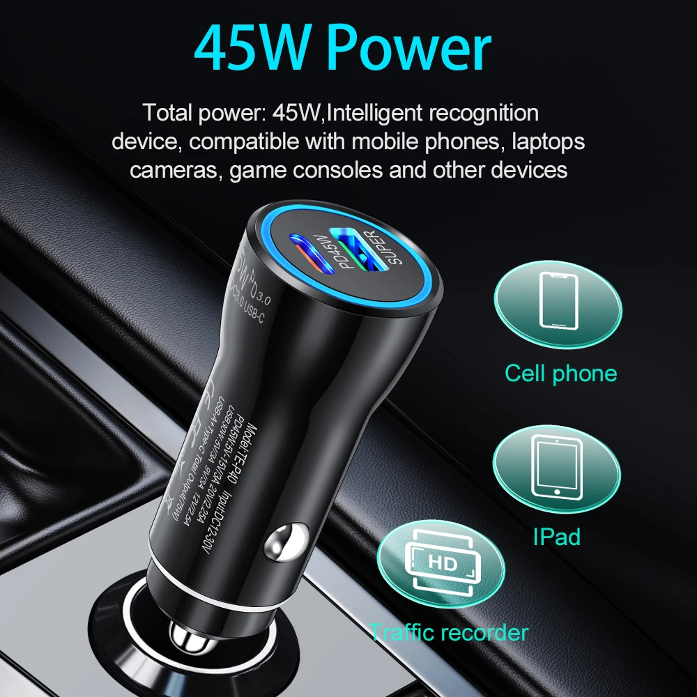 Dual Port 45W Fast Charging Car Adapter with Blue LED