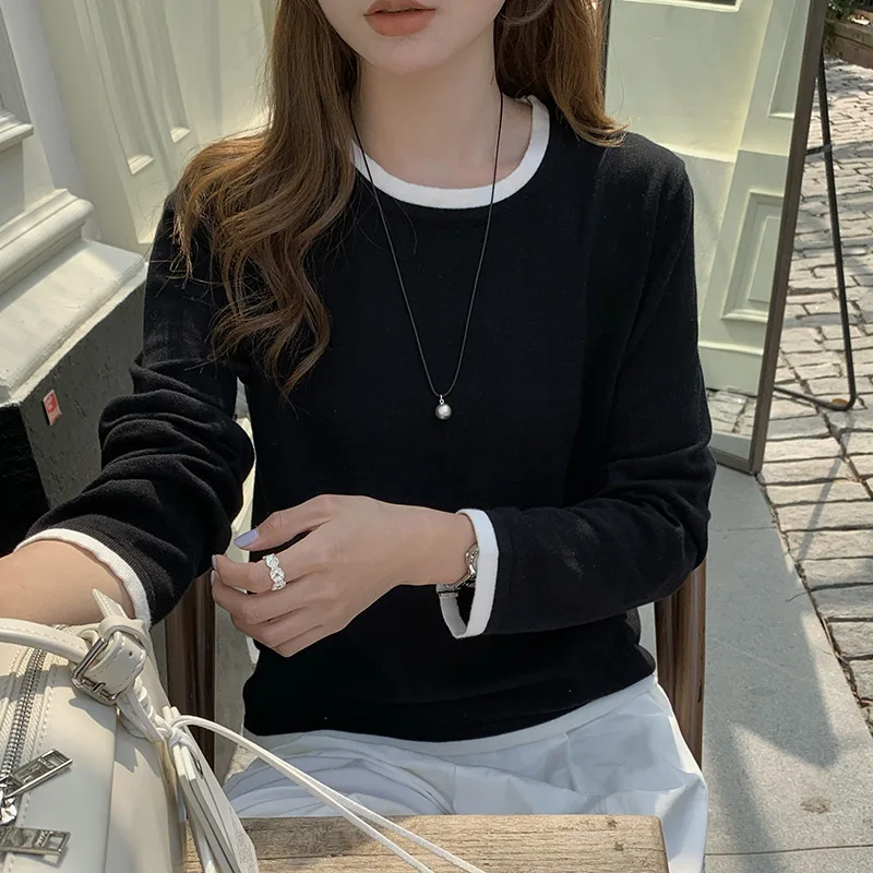 100% Cotton Women O-neck Color Blocking Long Sleeved Shirt Spring and Autumn Loose Fashionable Knitted Long Sleeves High Quality