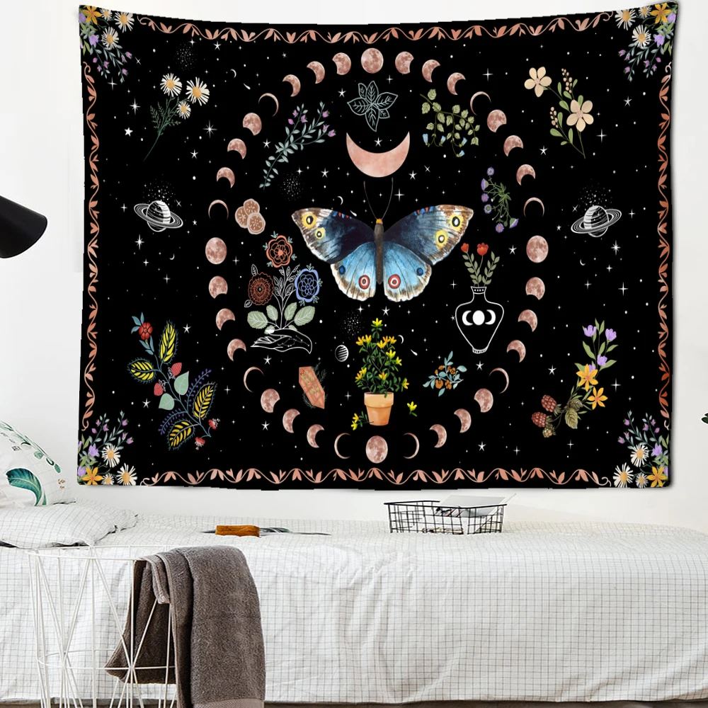 Butterfly Moonlight Garden Tapestry Wall Hanging Psychedelic Art Mystic Kawaii Room Decor Mandala Tapestry
