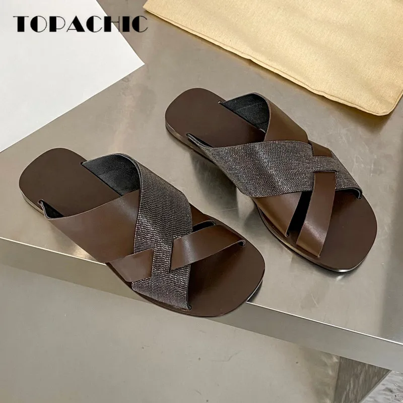 

9.22 TOPACHIC Women's Fashion Genuine Leather Beading Chain Criss-Cross Flat Sole Outside Slippers