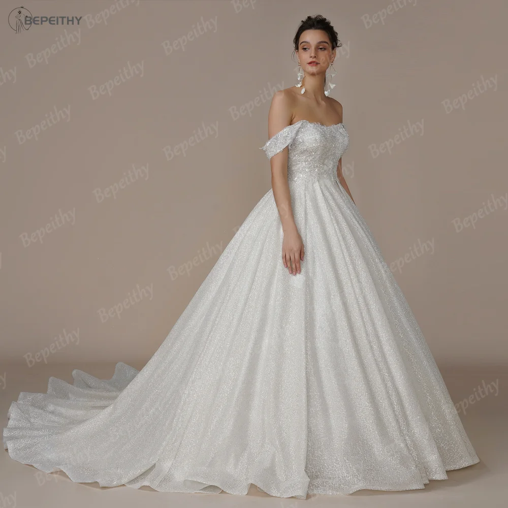 BEPEITHY Customized Luxury Strapless A Line Glitter Wedding Dresses Off The Shoulder Women Ivory Bling-Bling Bride Bridal Gown 4