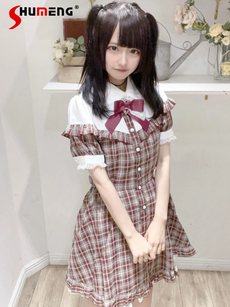 

Japanese Style SC Lolita Cute Love Belt Bow Barrettes Short Dress 2023 Summer New Woman Sweet Plaid Lace Mass-Produced Dresses