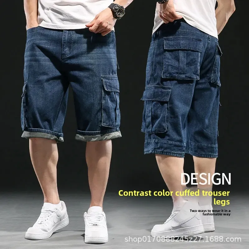 American Style Loose-Fit Denim Shorts With Multiple Pockets For Men Wide-Leg Casual Hip Hop Pants Plus Size Camouflage Edge Trim