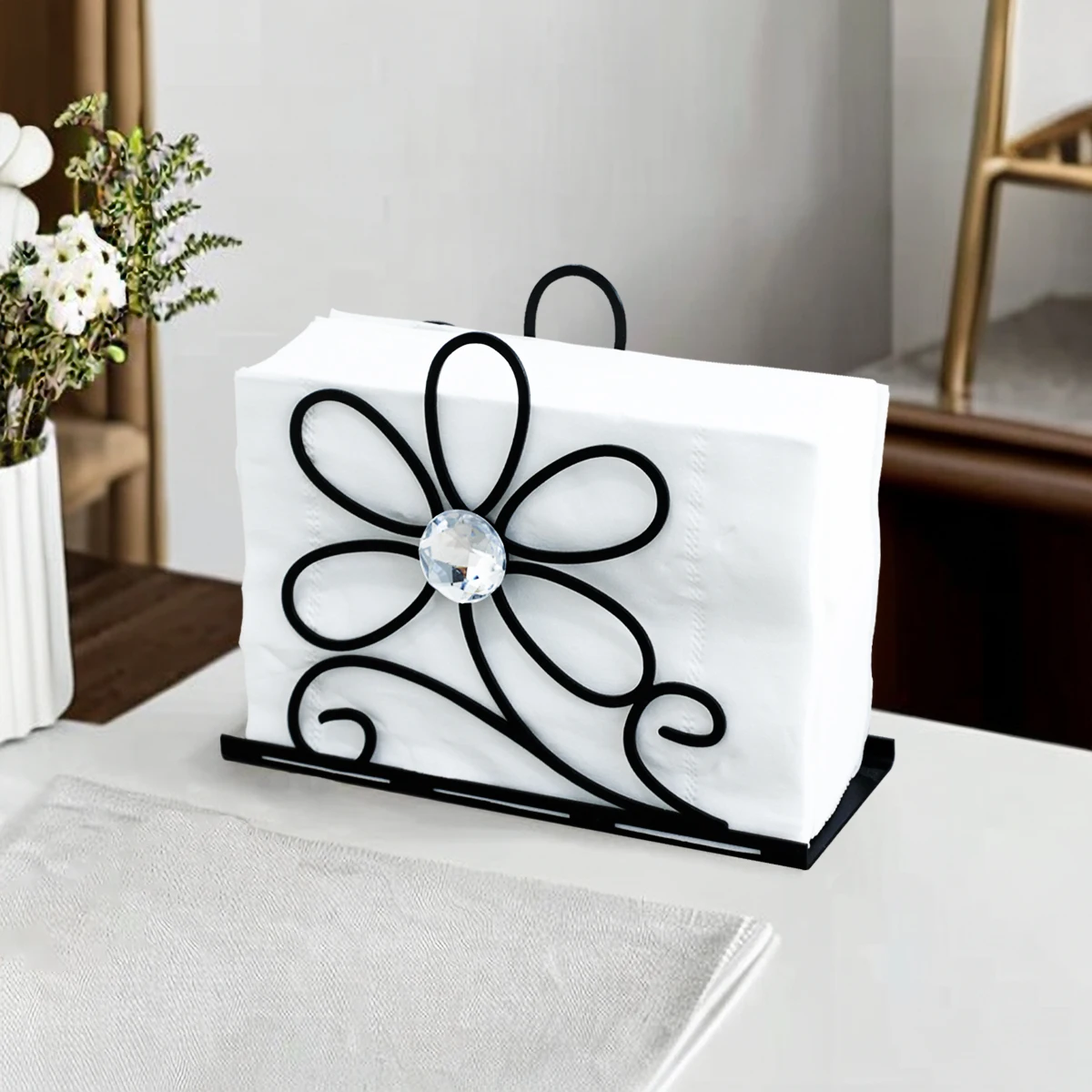 1pc metal creative napkin holder, modern minimalist flower napkin holder, dining table upright tissue holder 2