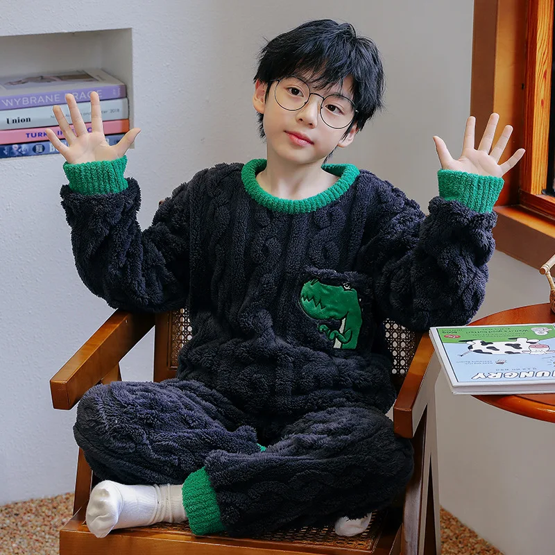 بيجامات أطفال للأولاد 2 3 4 5 6 7 8 9 10 11 12 14 سنة طقم ملابس نوم من الفلانيل بيجامات ديناصور ملابس بيجامات أطفال خضراء