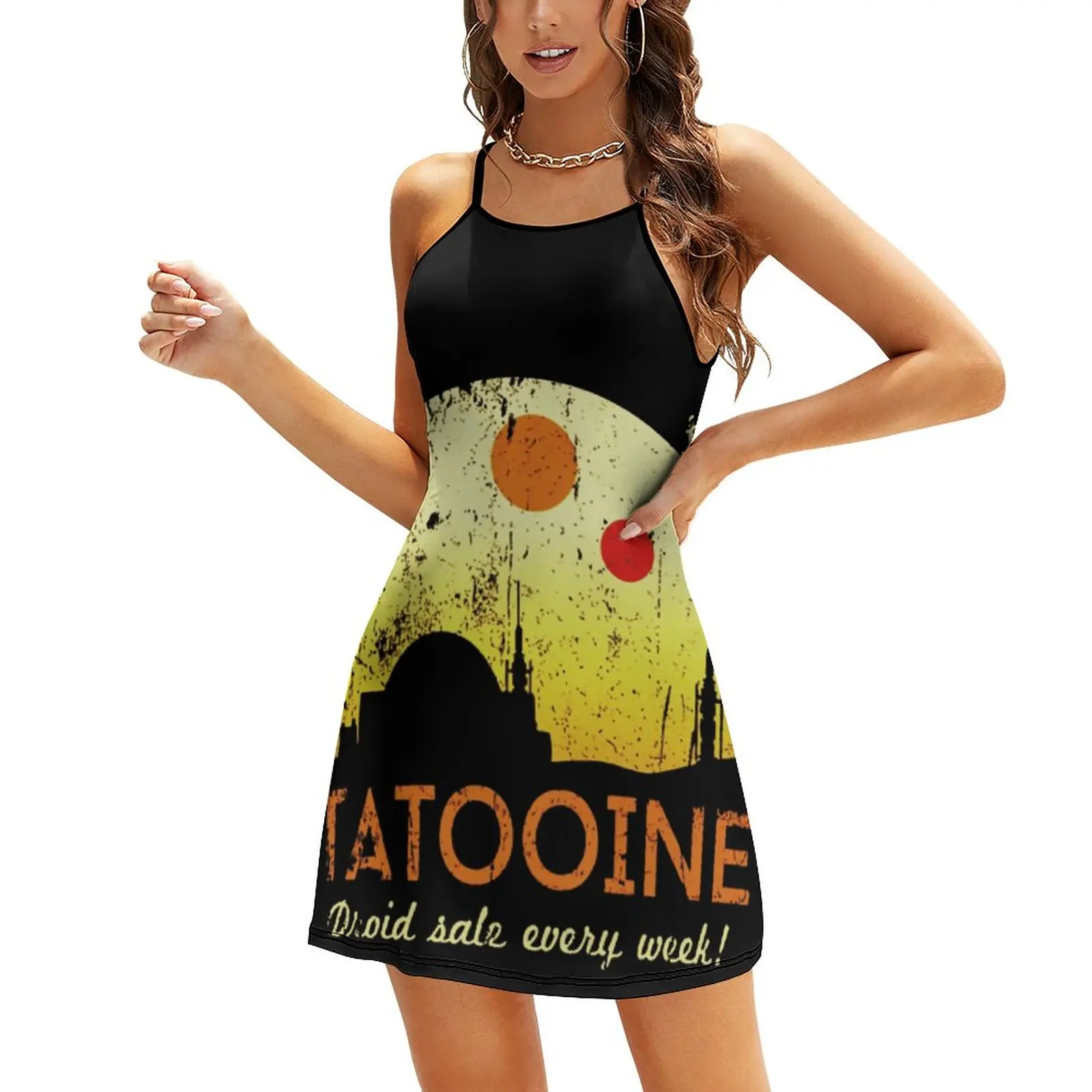 

Visit Tatooine Essential Women's Sling Dress Graphic Vintage Exotic Woman's Gown Humor Graphic Vacations The Dress