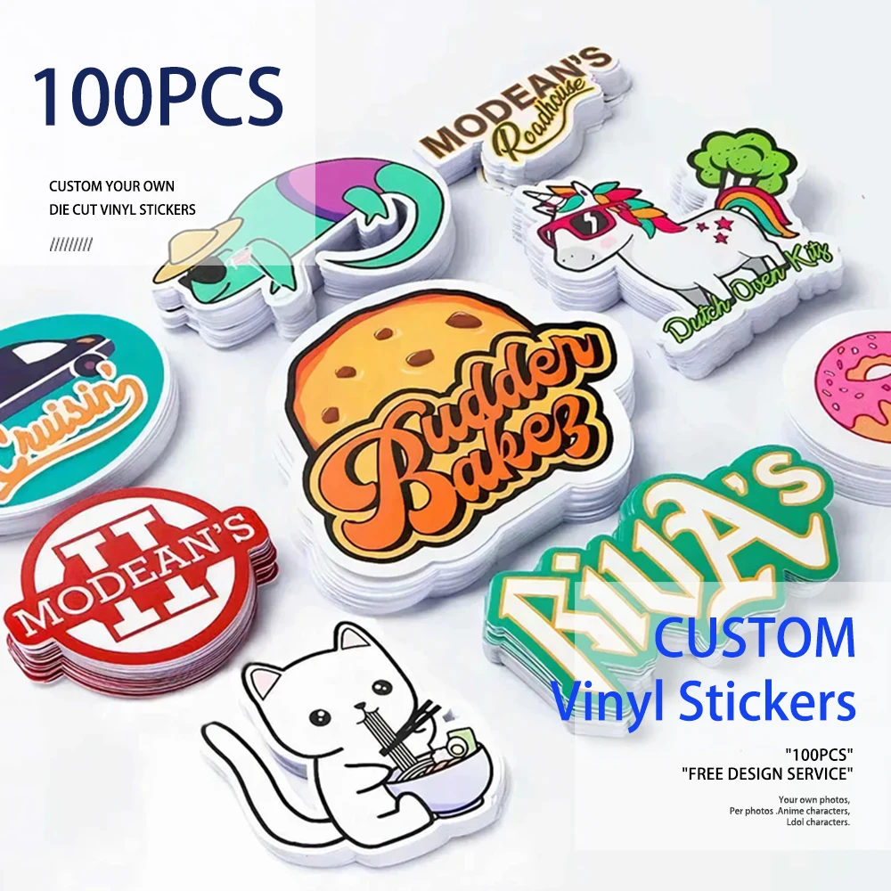100pcs Custom Stickers PVC Waterproof Die Cut Vinyl Logo Design Brand Laptop Cute Personalized Sticker Glossy Film for Business