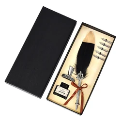 Vintage Calligraphy Feather Dip Pen Set with Ink - Creative Retro Writing Stationery (Black Set B)