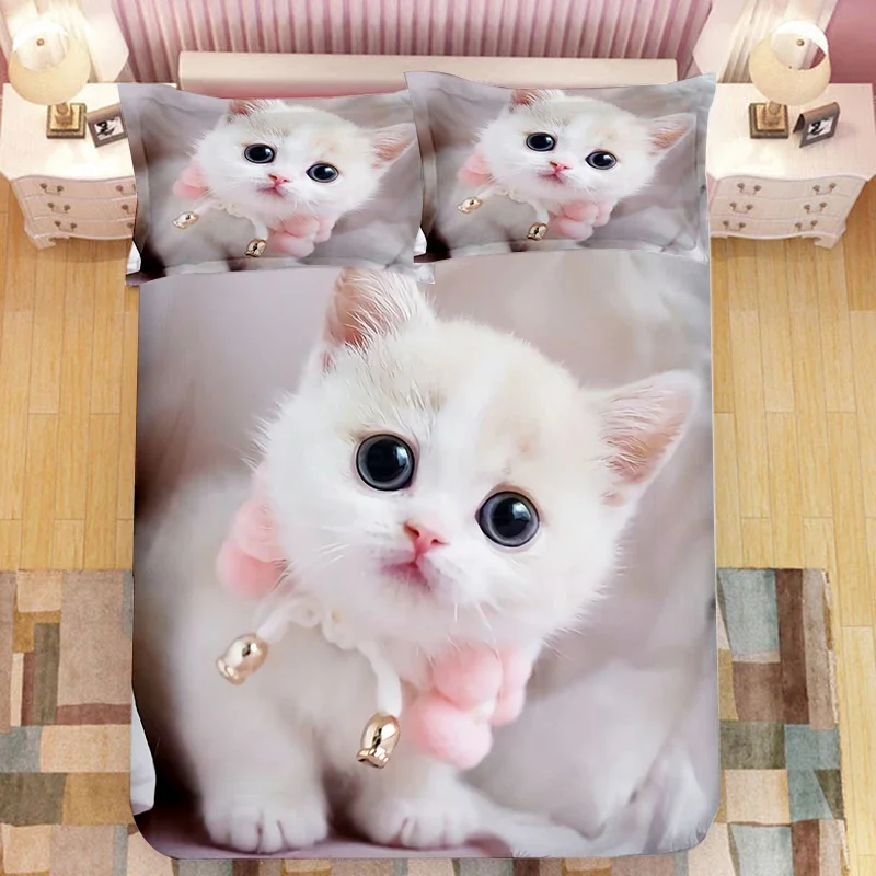 Super Cute Kitten Kids Bedding Set Kawaii Girl Quilt Cove King Queen Size Cute Cat Animal 3pcs Polyester Duvet Cover (No Sheet)