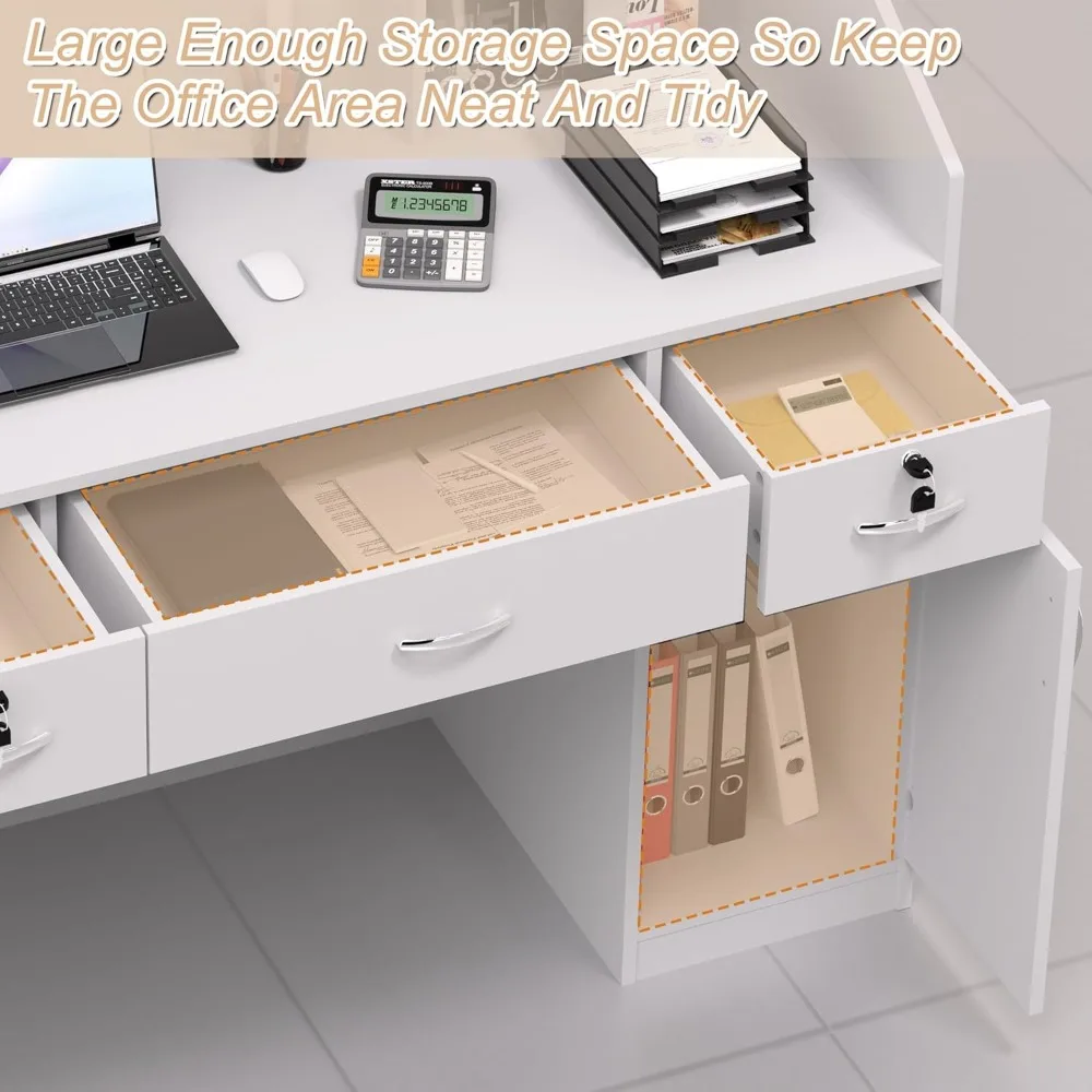 Reception Desk with Counter, Modern Front Table Equipped Lockers & Storage Shelves, 48-inch Checkout Counter with DIY Stripe 6