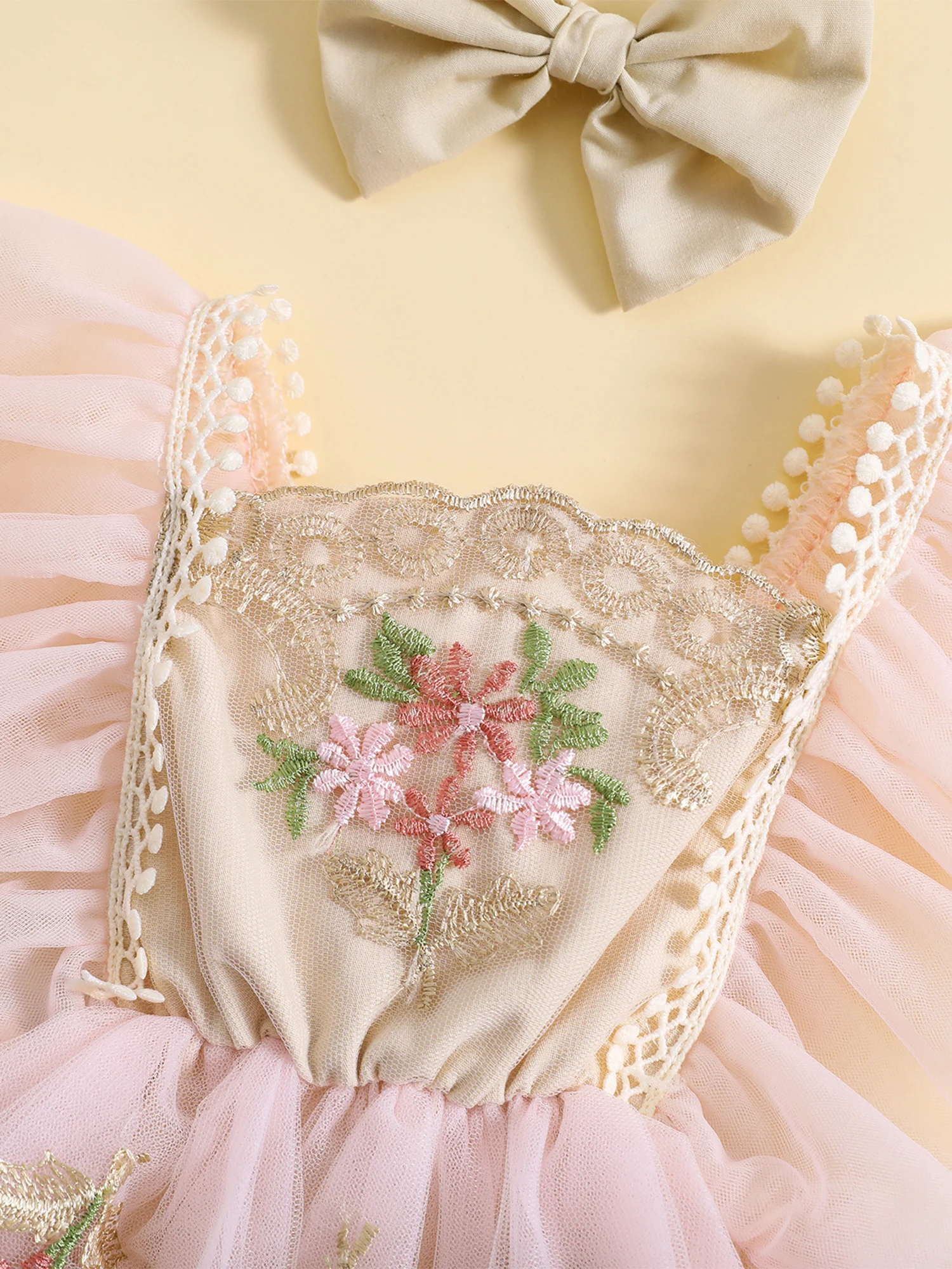 

Кружевное платье-пачка Kupretty, комбинезон в стиле бохо для новорожденных девочек с цветочной вышивкой, одежда для принцессы (розовая Тюлевая сетка)