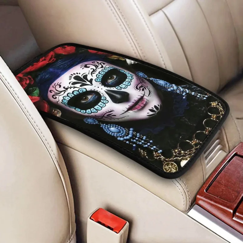 

32x19cm Car Armrest Cover Mat Leather Sugar Skull Center Console Cover Pad Halloween Horror Car Interior Cushion Waterproof