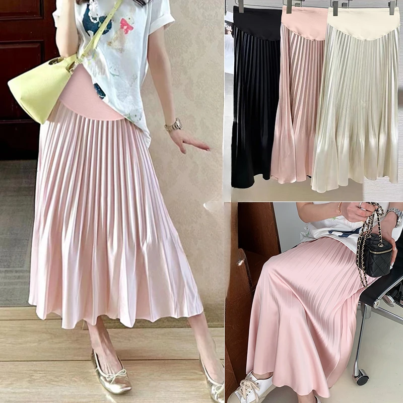 Korean Style Pregnant Woman Pleated Skirt Solid Color High Waist Long Loose Maternity Belly Skirts Pregnancy Satin Pleated Skirt