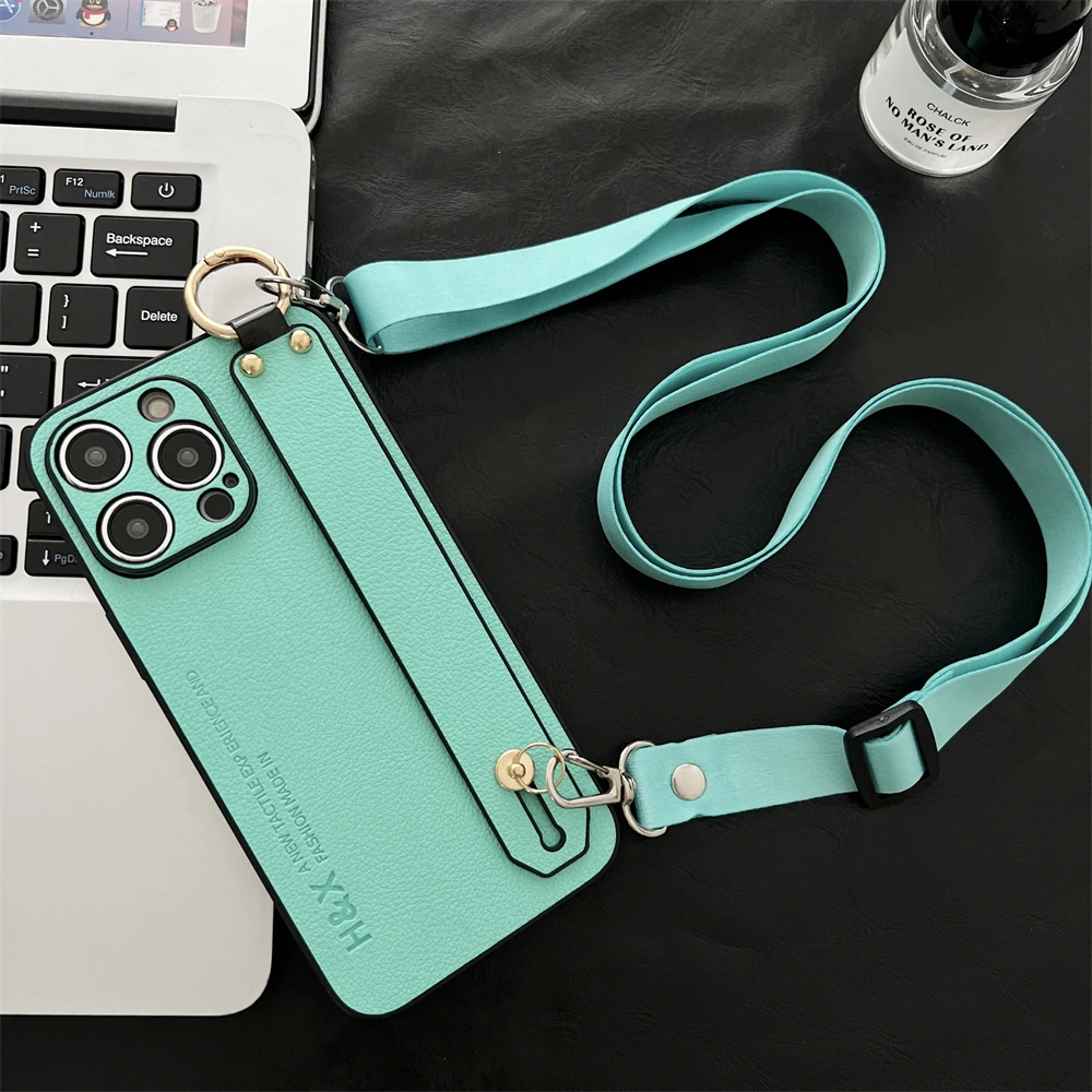 thumbnail image 1 of Luxury Litchi Leather Wrist Strap Stand Phone Cases For iPhone 15 14 Pro Max 13 12 Mini XS XR 7 8 Plus Necklace Crossbody Cover, 1 of 5