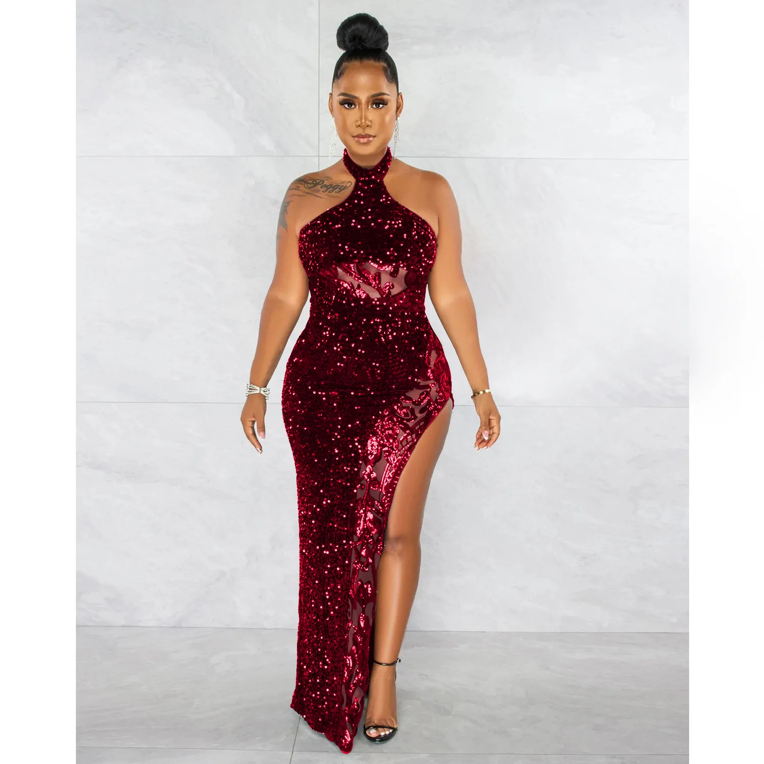 Women's Party Dress Sequin Dress Cocktail Dress Long Dress Maxi Dress Wine  Red Black Blue Long Sleeve Pure Color Sequins Winter Fall Spring V Neck Fas