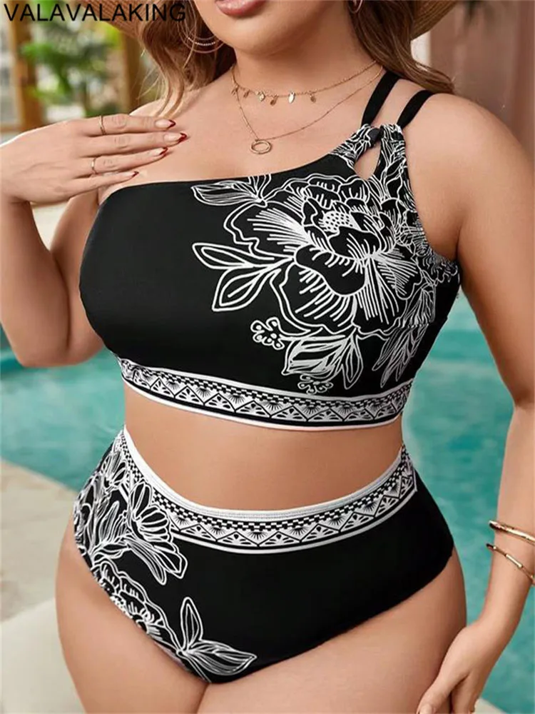 2025 Print One-shoulder Two Piece Plus Size Bikini Women High Waist Large Swimsuit Lady Chubby Swimwear Beach Curvy Bathing Suit 4