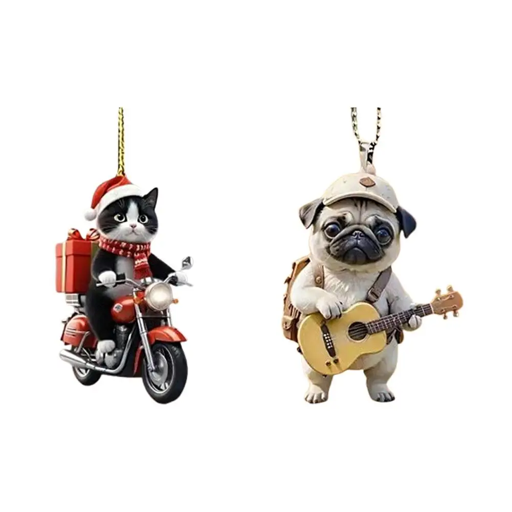 Motorcycle Cat Acrylic Hanging Decoration Christmas Tree Car 2D Flat Riding Kitten Hanging Ornament Cartoon Pendant For Christma 6