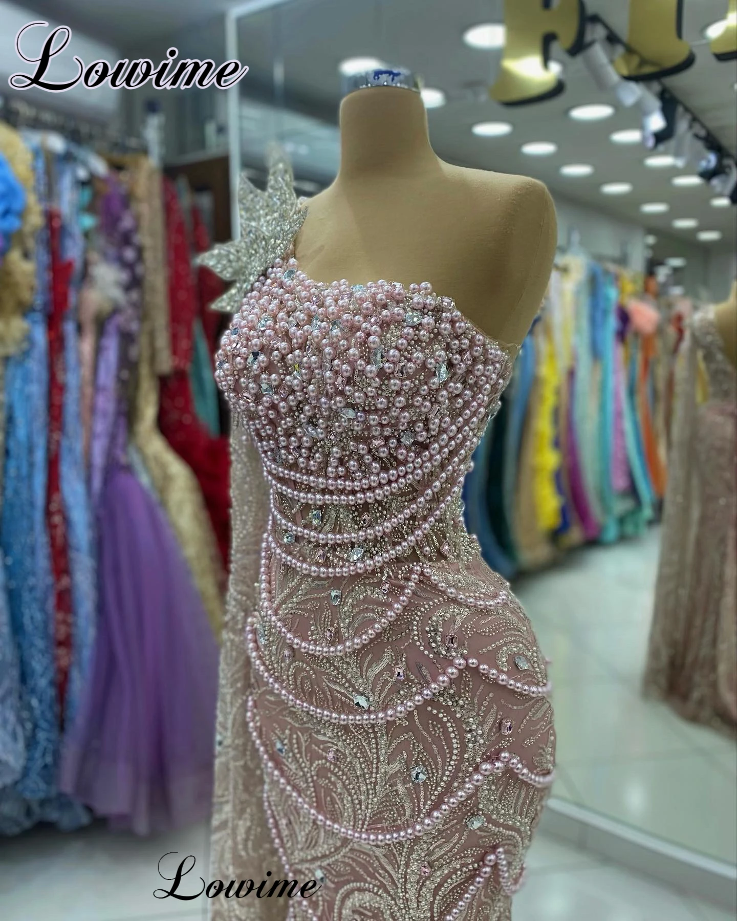 Blush Pink Beaded Cocktail Dresses Mermaid One Shoulder Pearls Prom Dresses For Women Vestidos De C&oacute;ctel Celebrity