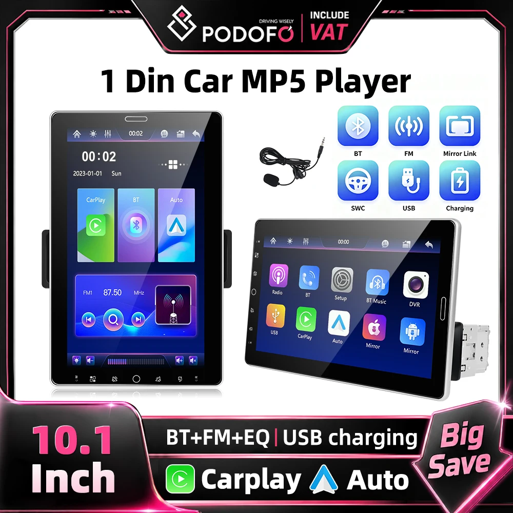 Podofo Radio estéreo para coche de 10,1 pulgadas, reproductor MP5 1Din, Carplay inalámbrico y Android Auto HD 1280*720, pantalla táctil giratoria, enlace espejo por cable, FM/AM/RDS, AUX, EQ, USB, radio estéreo para coche, compatible con entrada de cámara de visión trasera, reproductor de vídeo multimedia 1