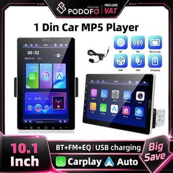 Podofo Radio estéreo para coche de 10,1 pulgadas, reproductor MP5 1Din, Carplay inalámbrico y Android Auto HD 1280*720, pantalla táctil giratoria, enlace espejo por cable, FM/AM/RDS, AUX, EQ, USB, radio estéreo para coche, compatible con entrada de cámara de visión trasera, reproductor de vídeo multimedia 1