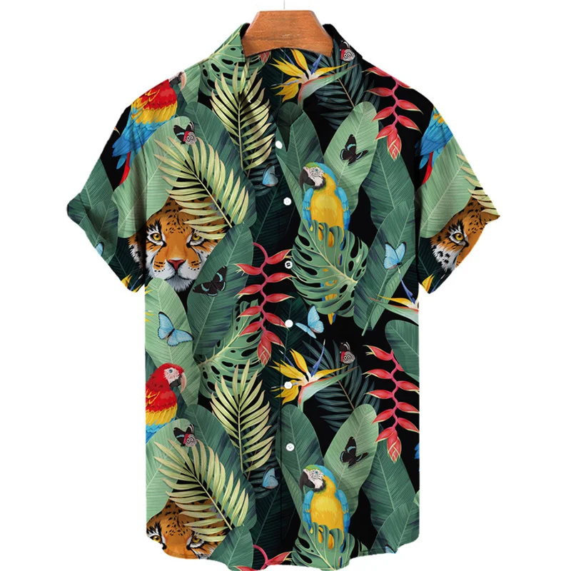 thumbnail image 1 of Camisa hawaiana con estampado 3D de flamencos de jungla tropical para hombre, blusa holgada de manga corta de verano estilo urbano de estilo Harajuku con solapa y botones, 1 of 5