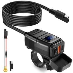 Powstation Waterproof Dual USB & Type - C Motorcycle Phone Charger with Voltmeter (Black)