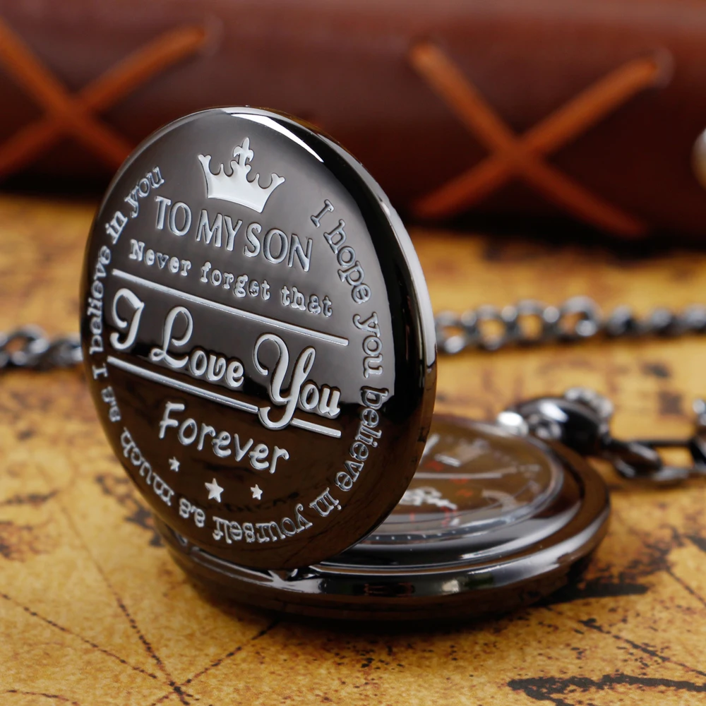 

Vintage Black To My Son Personalized Pocket Watch Quartz Analog Pendant Pocket Fob Clock Roman Numeral Dial with 30cm Chain