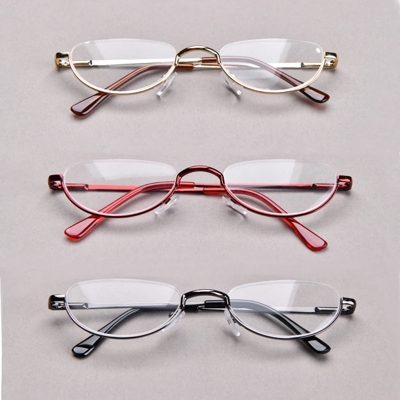 Halbrahmen-Lesebrille für Herren, hochwertige runde Legierung, Lupen, Brillenrezept, 0 bis +4, klare schmale Brille für Damen