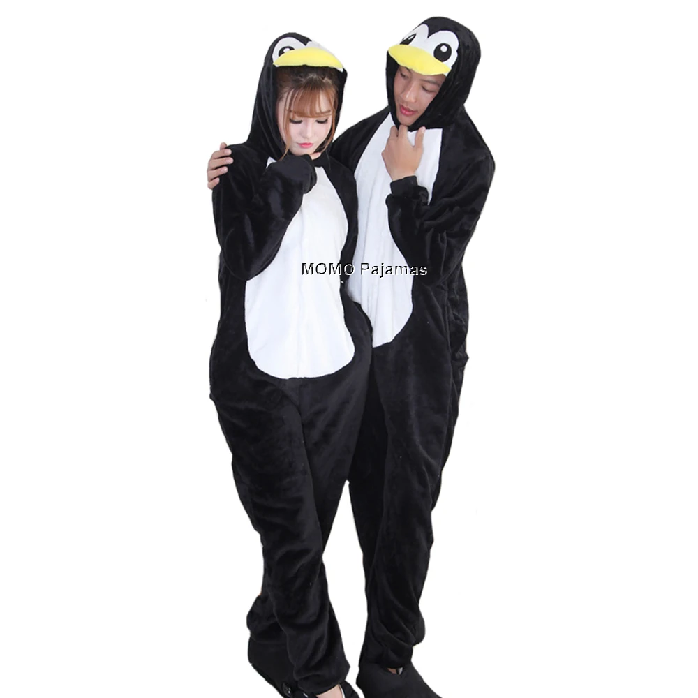 Flannel Black Penguin Onesie Pajamas for Women Adult Cartoon Animal Christmas Halloween Cosplay Onepiece Costume Soft Sleepwear