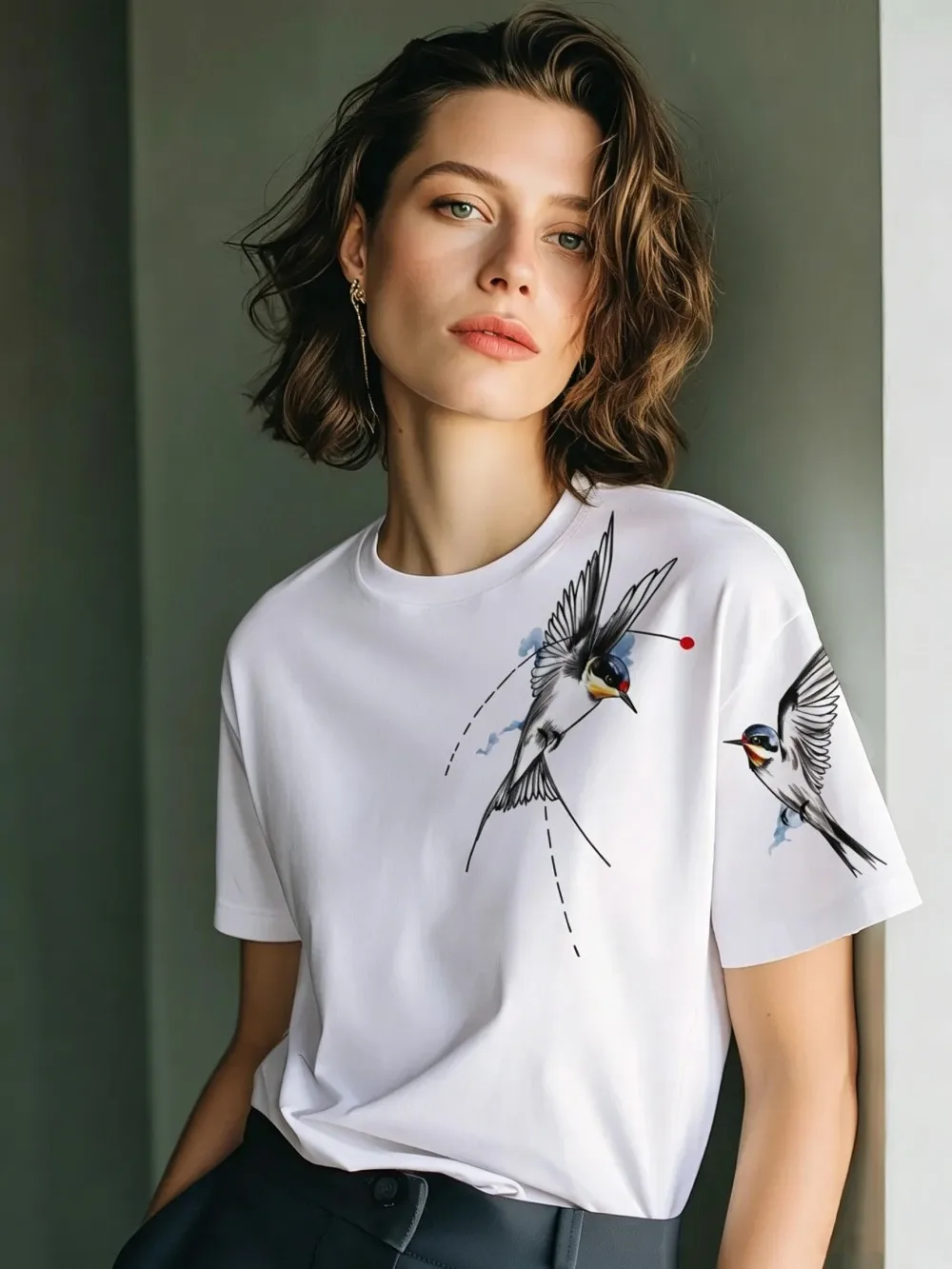Flying Swallows Prints Baumwoll-T-Shirts für Damen, Sommer-Kurzarm-T-Shirts, O-Ausschnitt, weiche, übergroße Oberteile, einfache, bequeme Kleidung
