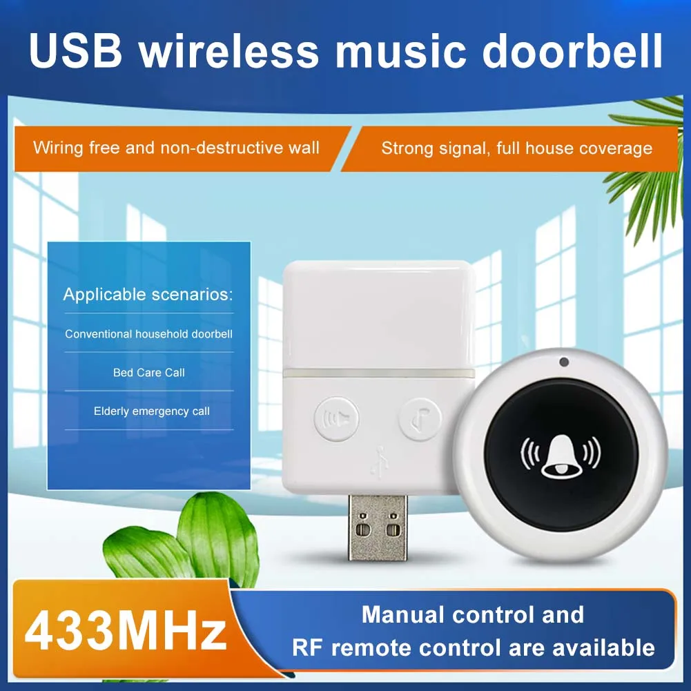 

Wireless Doorbell 30 Music 150M Waterproof 433MHz Remote Controller USB Smart Door Bell Receiver Single Button Remote Control