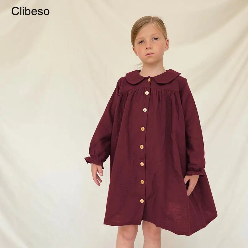 

2023 Clibeso Early Autumn Daily Dress for Child Girl Infant Vintage Cotton Linen Casual Loose Single-breasted Dresses Kid Outfit