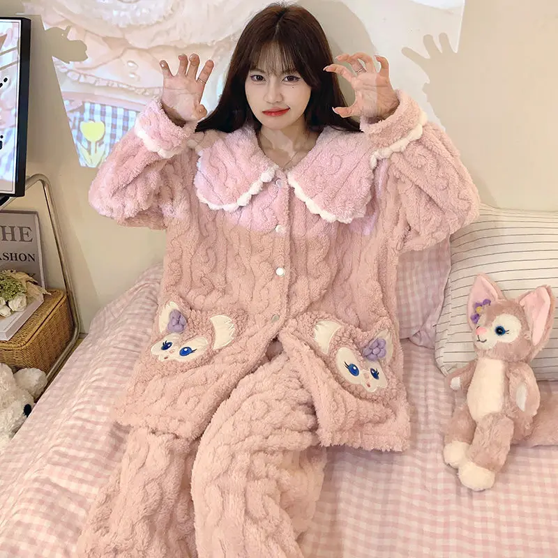 Autumn Winter Furry Pajama Lady Lovely Strawberry Bear Coral Velvet Pajama Set Nightdress Velvet Thickened  Wear A Homewear Set