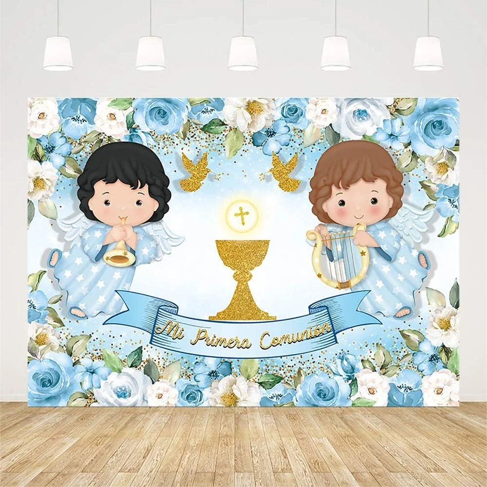 Boy Battesimo Sfondo Mi Primera Comunion Battesimo Foto Sfondo Dio Benedica Prima Comunione Calice Colombe Blue Party