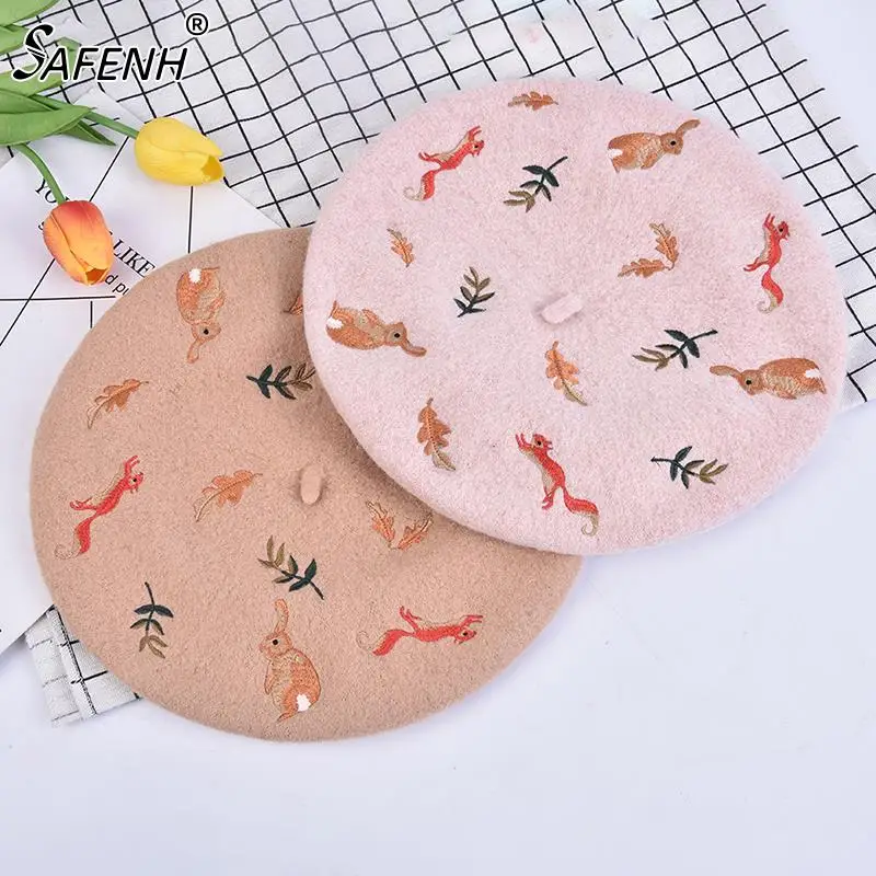 

1pc Autumn And Winter New Rabbit Women Girl British Hepburn stylish Artist Painter Hat Thick Warm Woolen Pumpkin hat