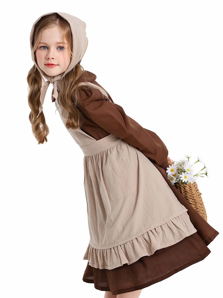 French estate maid Halloween brown dress apron Costume Middle Rural Farm Maid Civilian set for girls cosplay costume halloween dress outfit